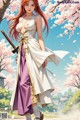 A woman in traditional attire stands amidst cherry blossoms, holding a sword.