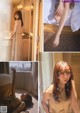 A collage of photos of a woman laying on a bed.