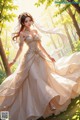 A woman in a wedding dress walking through a forest.