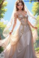 A woman in a wedding dress standing in the woods.