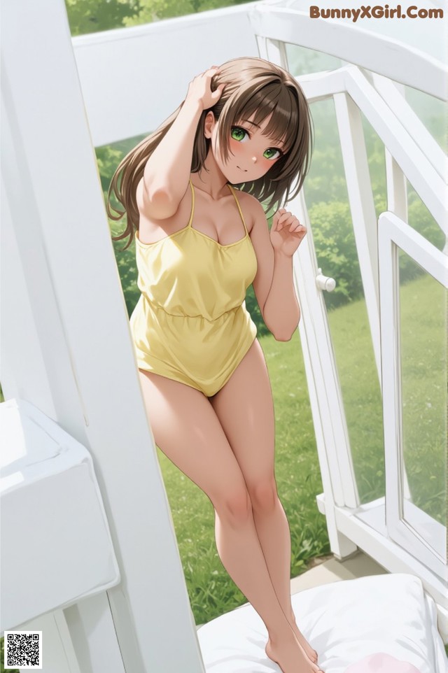 A woman in a yellow bathing suit standing on a porch.