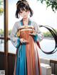 A woman in a traditional chinese dress standing by a window.