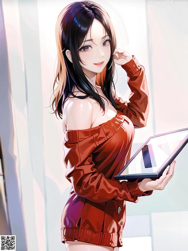 A woman in a red jacket holding a tablet computer.